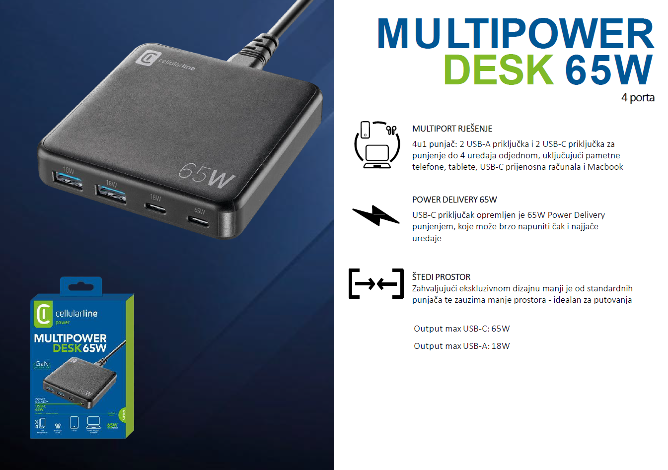 Punjač CELLULARLINE GaN Multipower Desk 65W