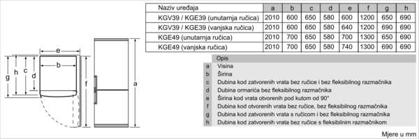 Dimenzije HLADNJAK BOSCH KGV39VWEA